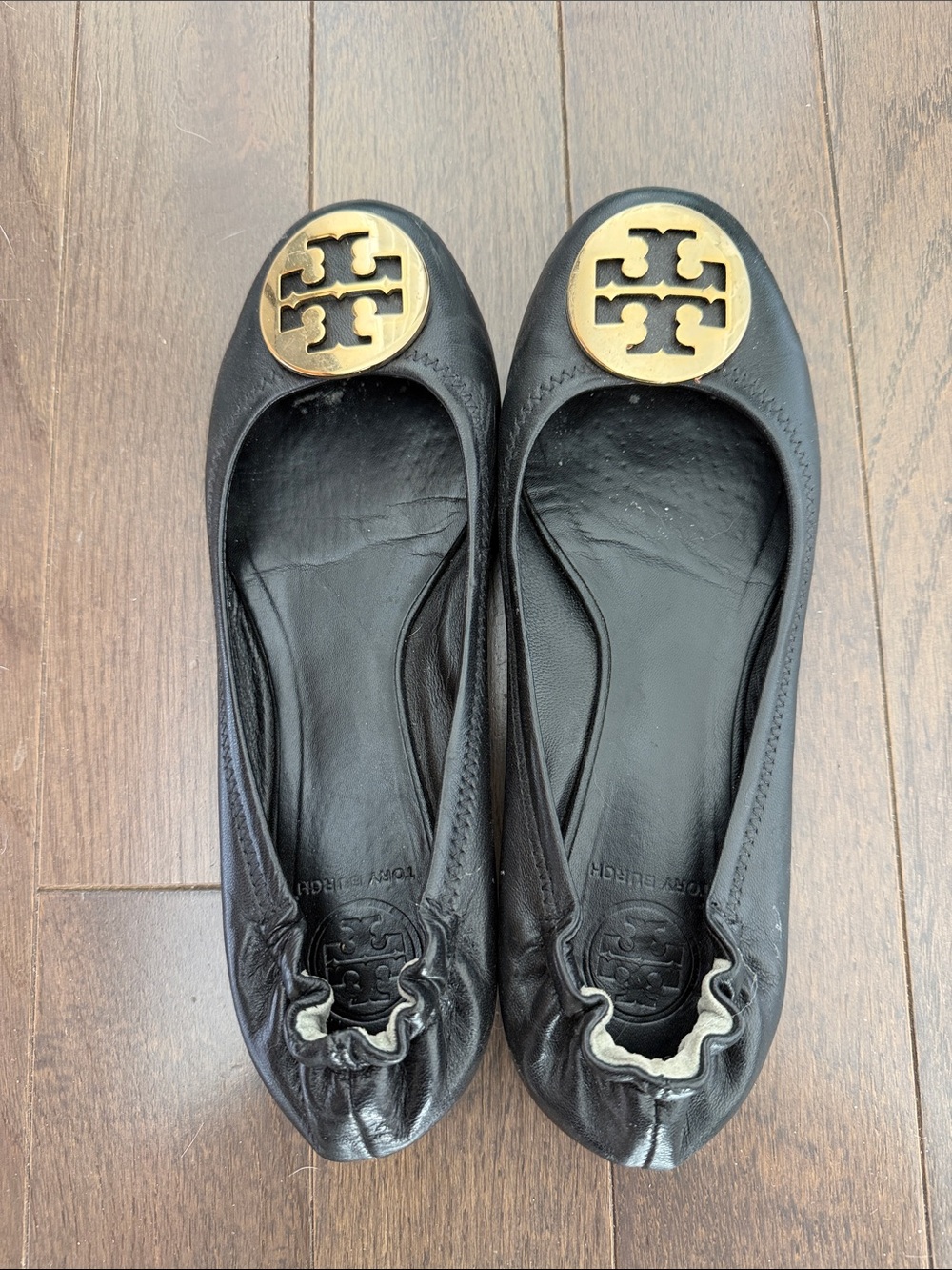 Tory Burch Black Leather Ballet Flats with Gold Logo Discs
